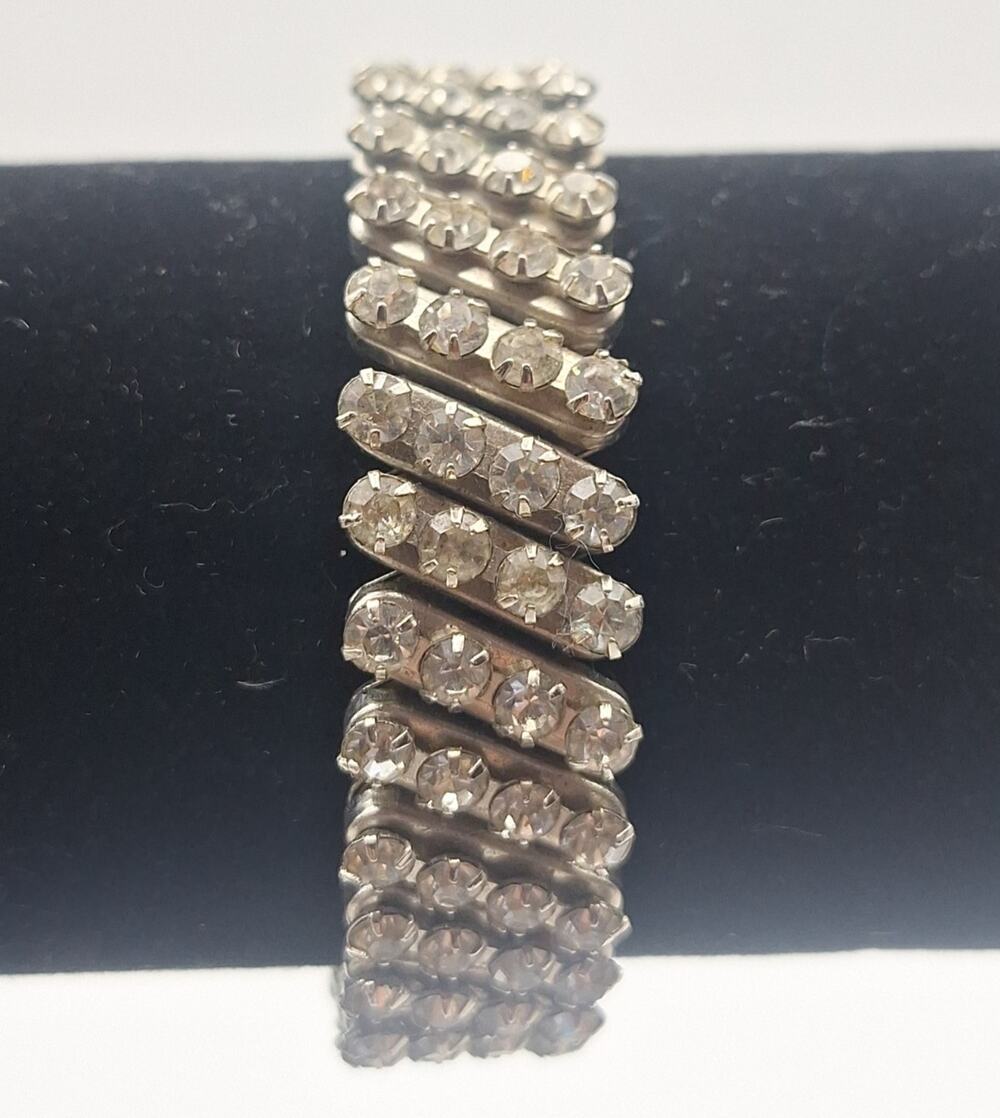 Vintage 4 Row Rhinestone Expansion Bracelet Silver Tone Stretch Hollywood Glam